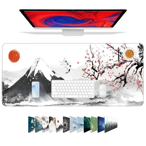 Galdas Mouse Pad for Gaming, Japanese Desk Mat,XXL XL Large Mouse Mat Long Extended Mousepad Non-Slip Rubber Mice Pads Stitched Edges Thin (31.5 x 11.8 x 0.12 Inches) Ink and Wash - 5
