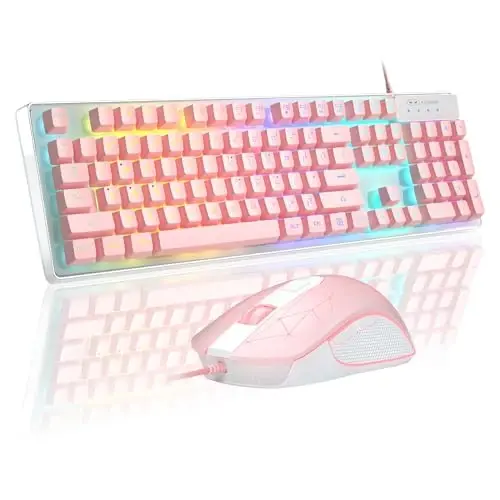 Gaming Keyboard and Mouse Combo, K1 RGB LED Backlit Keyboard with 104 Keys Computer PC Gaming Keyboard for PC/Laptop (Pink) - 1