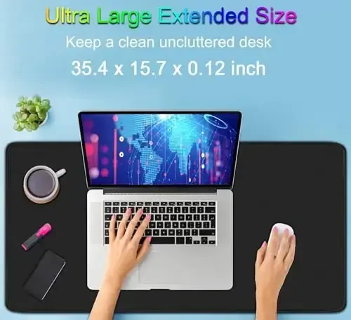 Gaming Mouse Pad, Large Desk Mouse Pad with Stitched Edges,(35.4X15.7In) Durable Non-Slip Natural Rubber Base, Waterproof Computer Keyboard Pad Mat for Esports Pros/Gamer/Desktop/Office/Home, Black - 2