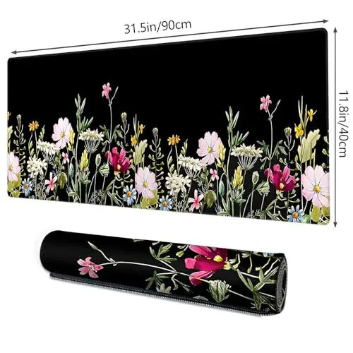 Gaming Mouse Mat Forest Background Pattern XXL XL Large Mouse Mat Long Extended Mouse Pad Desk Mat Non-Slip Rubber Mice Pads Stitched Edges Thin Pad (Floral) - 2