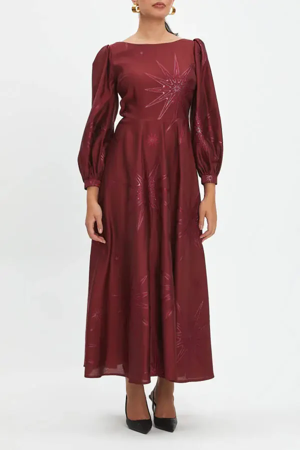 O'z-o'zidan naqshli velo yaka keng yubkali bordo libos 40345 - 1