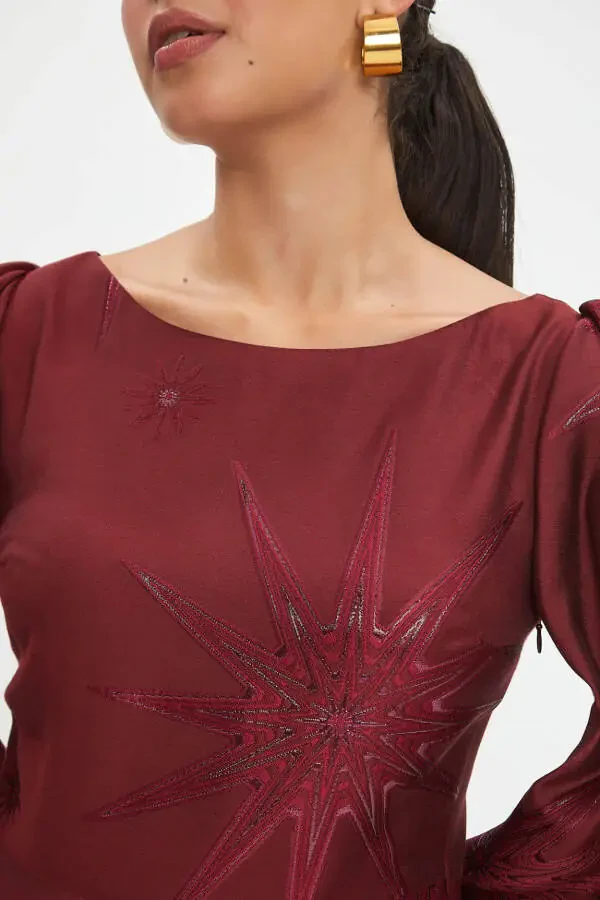 O'z-o'zidan naqshli velo yaka keng yubkali bordo libos 40345 - 3