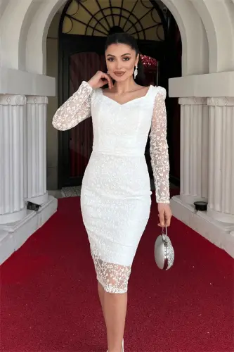 O'zbek Tül Simli Kumaş Kalem Abiye Elbise - BEYAZ - 3