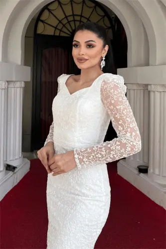 O'zbek Tül Simli Kumaş Kalem Abiye Elbise - BEYAZ - 4