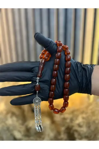 Özel Ahşap Kutulu 33 Lü Toz Kehribar Tesbih Kırmızı Hediyelik-Kırmızı - ZIRVE HEDIYELIK (1)