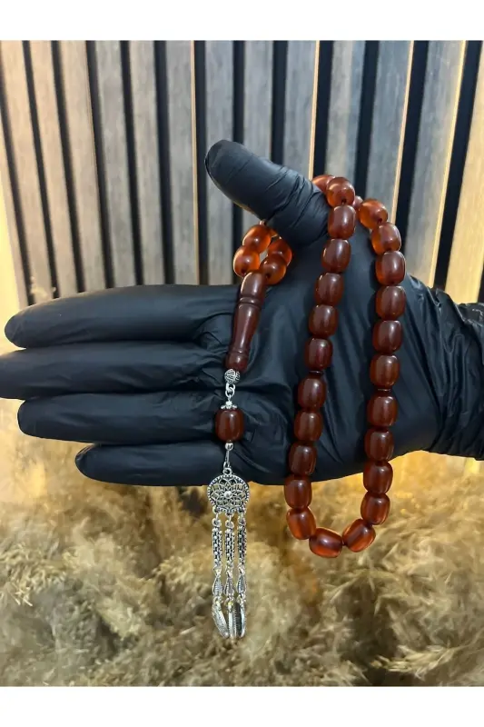 Özel Ahşap Kutulu 33 Lü Toz Kehribar Tesbih Kırmızı Hediyelik-Kırmızı - 4