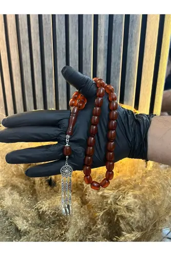 Özel Ahşap Kutulu 33 Lü Toz Kehribar Tesbih Kırmızı Hediyelik-Kırmızı - 6