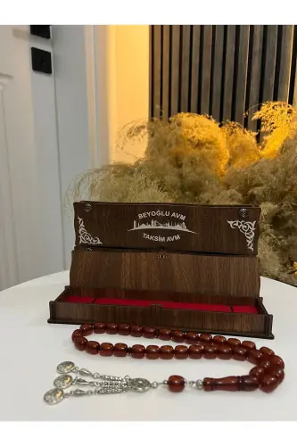 Özel Ahşap Kutulu 33 Lü Toz Kehribar Tesbih Kırmızı Hediyelik-Kırmızı - 1