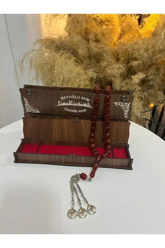 Özel Ahşap Kutulu 33 Lü Toz Kehribar Tesbih Kırmızı Hediyelik-Kırmızı - 3