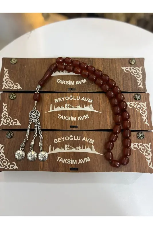 Özel Ahşap Kutulu 33 Lü Toz Kehribar Tesbih Kırmızı Hediyelik-Kırmızı - 5