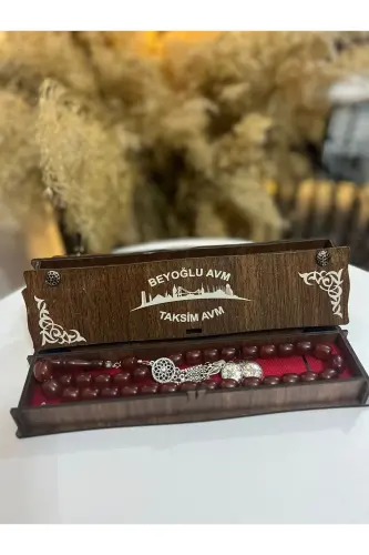 Özel Ahşap Kutulu 33 Lü Toz Kehribar Tesbih Kırmızı Hediyelik-Kırmızı - 7