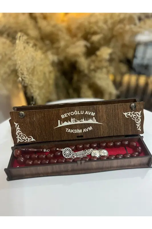 Özel Ahşap Kutulu 33 Lü Toz Kehribar Tesbih Kırmızı Hediyelik-Kırmızı - 7