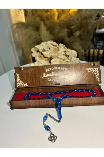 Özel Ahşap Kutulu 33 Lü Toz Kehribar Tesbih Mavi Hediyelik - Mavi 