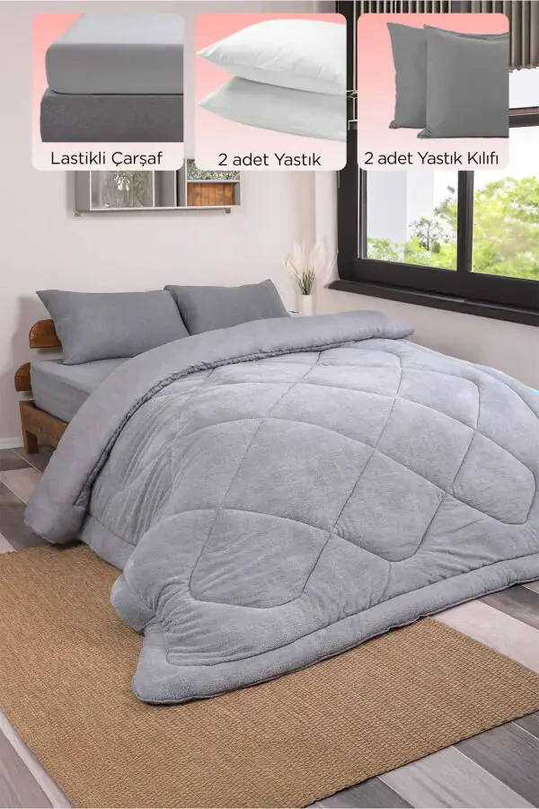 Çift Kişilik Özel Çantalı 6 Parça Wellsoft Yorgan Seti | Lastikli Çarşaf, 2 Yastık, 2 Kılıf - 1
