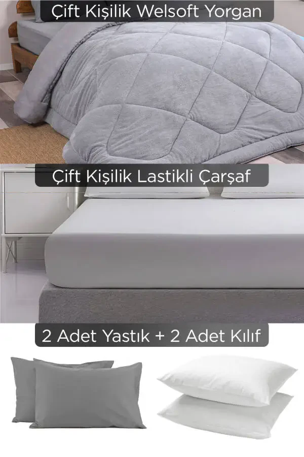Çift Kişilik Özel Çantalı 6 Parça Wellsoft Yorgan Seti | Lastikli Çarşaf, 2 Yastık, 2 Kılıf - 2