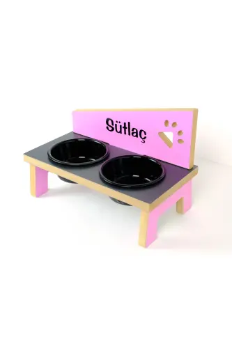 Özel İsimli, Ahşap, Seramik Kaseli Kedi-Köpek Mama ve Su Kabı Stantı-pembe-antrasit-pembe/2*400 ml.-Pembe - 4