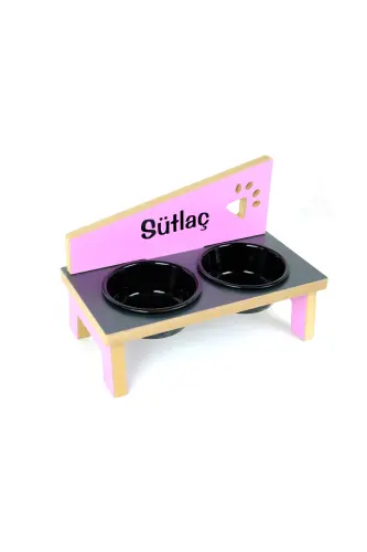 Özel İsimli, Ahşap, Seramik Kaseli Kedi-Köpek Mama ve Su Kabı Stantı-pembe-antrasit-pembe/2*400 ml.-Pembe - 3