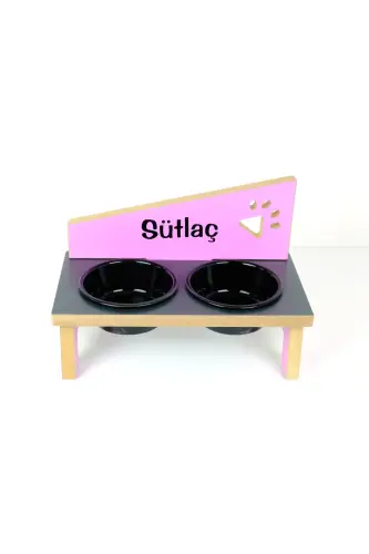 Özel İsimli, Ahşap, Seramik Kaseli Kedi-Köpek Mama ve Su Kabı Stantı-pembe-antrasit-pembe/2*400 ml. - Pembe-Antrasit-Pembe 