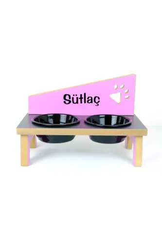 Özel İsimli, Ahşap, Seramik Kaseli Kedi-Köpek Mama ve Su Kabı Stantı-pembe-antrasit-pembe/2*400 ml.-Pembe - REALWOOD (1)