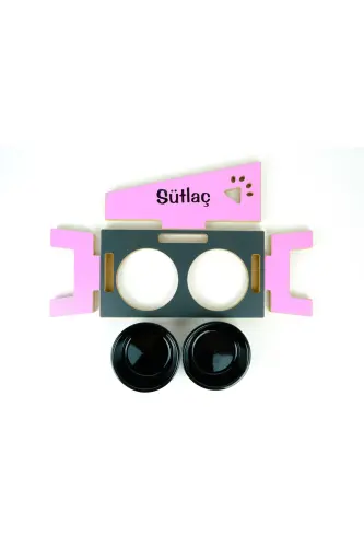 Özel İsimli, Ahşap, Seramik Kaseli Kedi-Köpek Mama ve Su Kabı Stantı-pembe-antrasit-pembe/2*400 ml. - Pembe-Antrasit-Pembe - 5
