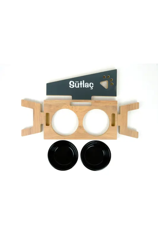 Özel İsimli Seramik Kaseli Kedi-Köpek Mama ve Su Kabı Stantı-Siyah-Atlantik Çam - 6