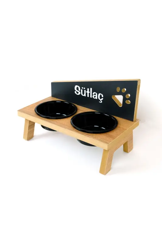 Özel İsimli Seramik Kaseli Kedi-Köpek Mama ve Su Kabı Stantı-Siyah-Atlantik Çam - 5