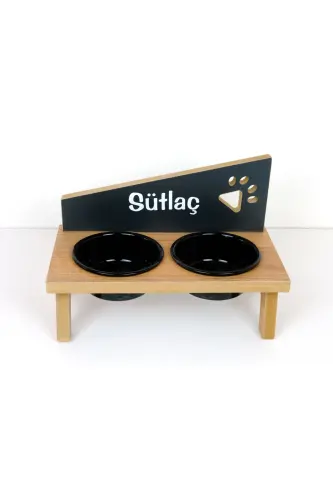 Özel İsimli Seramik Kaseli Kedi-Köpek Mama ve Su Kabı Stantı-Siyah - Atlantik Çam-Antrasit - REALWOOD (1)