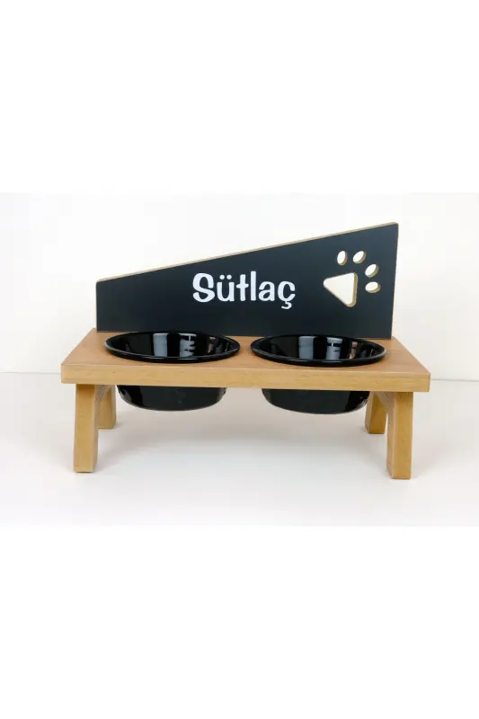Özel İsimli Seramik Kaseli Kedi-Köpek Mama ve Su Kabı Stantı-Siyah - Atlantik Çam-Antrasit - 3