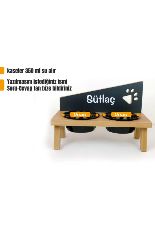 Özel İsimli Seramik Kaseli Kedi-Köpek Mama ve Su Kabı Stantı-Siyah-Atlantik Çam - REALWOOD