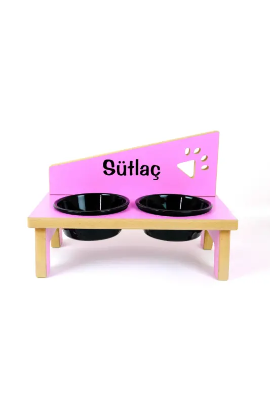 Özel İsimli Seramik Kaseli Kedi-küçük Irk Köpek Mama Ve Su Kabı Stantı- Pembe/siyah-400 ml-Pembe - REALWOOD