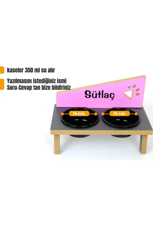 Özel Isimli, Seramik Kaseli, Kedi-küçük Irk Köpek Mama Ve Su Kabı Stantı-siyah/2*400 Ml. - Antrasit-Pembe - 1