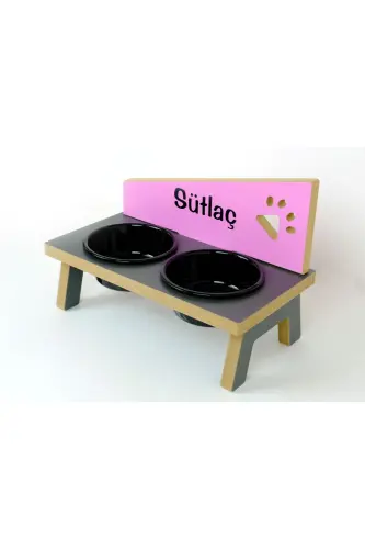 Özel Isimli, Seramik Kaseli, Kedi-küçük Irk Köpek Mama Ve Su Kabı Stantı-siyah/2*400 Ml. - Antrasit-Pembe - 3