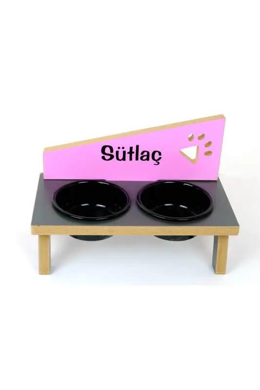Özel Isimli, Seramik Kaseli, Kedi-küçük Irk Köpek Mama Ve Su Kabı Stantı-siyah/2*400 Ml. - Antrasit-Pembe - 4