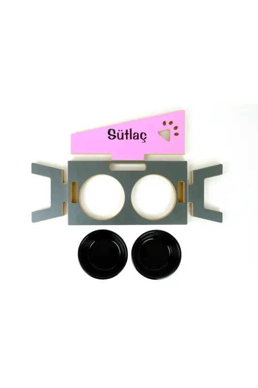 Özel Isimli, Seramik Kaseli, Kedi-küçük Irk Köpek Mama Ve Su Kabı Stantı-siyah/2*400 Ml. - Antrasit-Pembe - 5