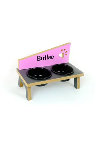 Özel Isimli, Seramik Kaseli, Kedi-küçük Irk Köpek Mama Ve Su Kabı Stantı-siyah/2*400 Ml. - Antrasit-Pembe - REALWOOD (1)