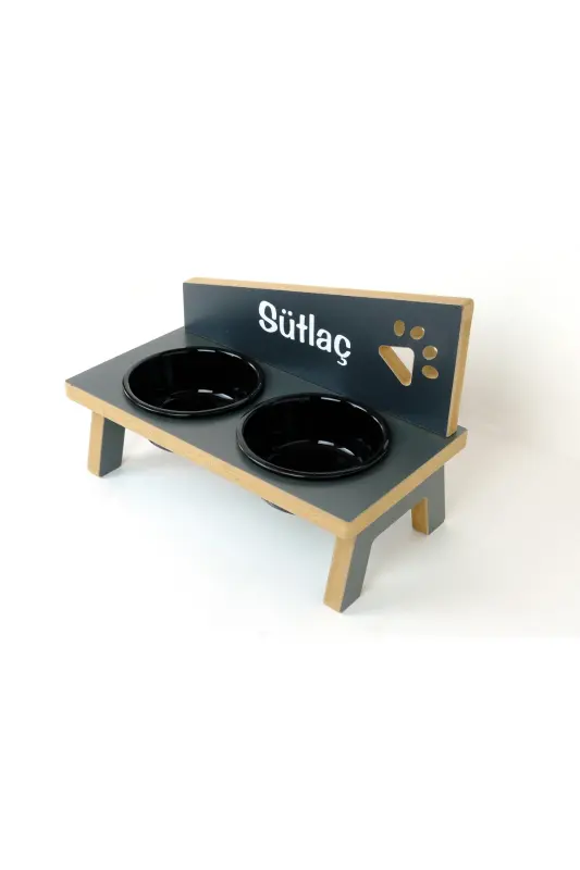 Özel İsimli, Seramik Kaseli, Kedi-küçük Irk Köpek Mama Ve Su Kabı Stantı-siyah/400 Ml.-Antrasit - 5