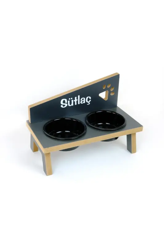 Özel İsimli, Seramik Kaseli, Kedi-küçük Irk Köpek Mama Ve Su Kabı Stantı-siyah/400 Ml.-Antrasit - 4