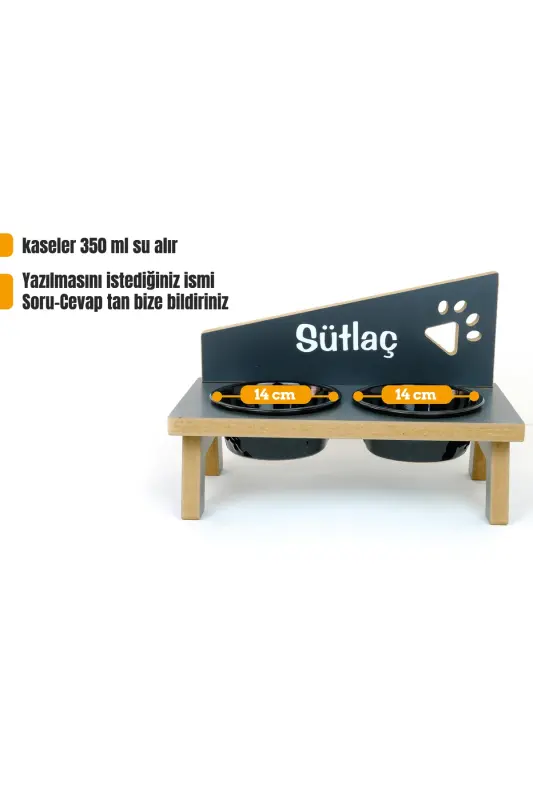 Özel İsimli, Seramik Kaseli, Kedi-küçük Irk Köpek Mama Ve Su Kabı Stantı-siyah/400 Ml. - Antrasit - REALWOOD