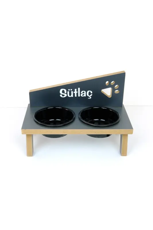 Özel İsimli, Seramik Kaseli, Kedi-küçük Irk Köpek Mama Ve Su Kabı Stantı-siyah/400 Ml. - Antrasit - 2