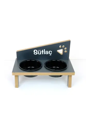 Özel İsimli, Seramik Kaseli, Kedi-küçük Irk Köpek Mama Ve Su Kabı Stantı-siyah/400 Ml.-Antrasit - REALWOOD (1)