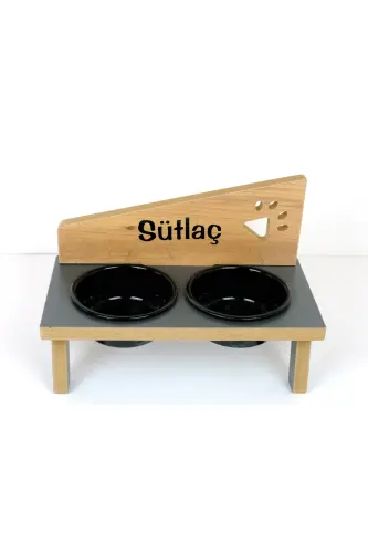 Özel İsimli, Seramik Kaseli, Kedi- Küçük Irk Köpek Mama Ve Su Kabı Stantı-siyah/400 Ml.-Antrasit - REALWOOD (1)