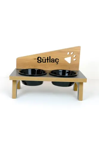 Özel İsimli, Seramik Kaseli, Kedi- Küçük Irk Köpek Mama Ve Su Kabı Stantı-siyah/400 Ml. - Antrasit-Atlantik Çam - 5