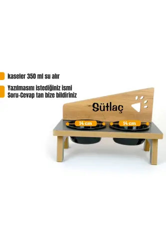 Özel İsimli, Seramik Kaseli, Kedi- Küçük Irk Köpek Mama Ve Su Kabı Stantı-siyah/400 Ml. - Antrasit-Atlantik Çam 