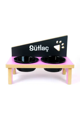 Özel İsimli, Seramik Kaseli, Kedi-küçük Irk Köpek Mama Ve Su Kabı Stantı-siyah/400 Ml. - Pembe-Antrasit - REALWOOD (1)