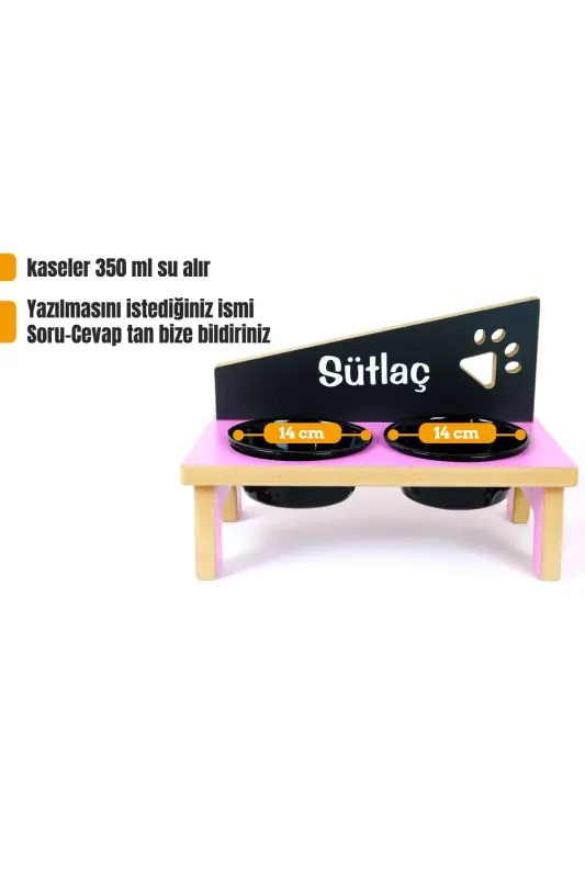 Özel İsimli, Seramik Kaseli, Kedi-küçük Irk Köpek Mama Ve Su Kabı Stantı-siyah/400 Ml.-Pembe - 1