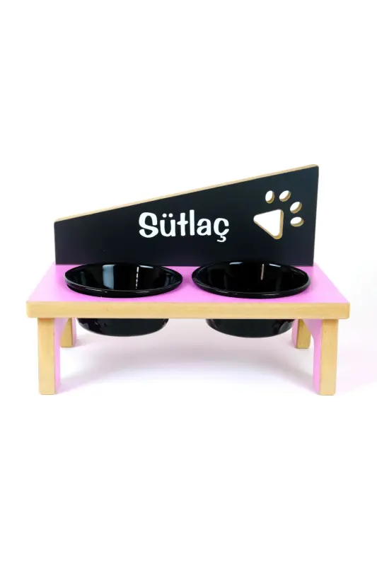 Özel İsimli, Seramik Kaseli, Kedi-küçük Irk Köpek Mama Ve Su Kabı Stantı-siyah/400 Ml.-Pembe - 2