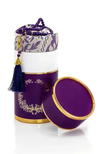 Çeyizlik Hediyelik Silindir Kutulu, İnci Tesbihli Seccade Seti - Mor-Mor - 4