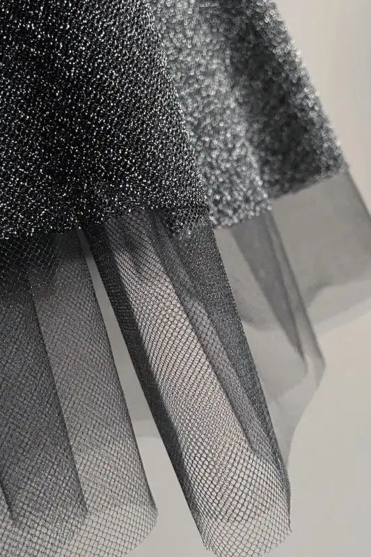 Özel Tasarım Beli Lastikli Simli 23 Nisan 29 Ekim 19 Mayıs Doğum Günü Ve Parti Tüllü Çocuk Etek Seti-koyu gri - 2