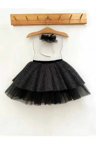 Özel Tasarım Beli Lastikli Simli 23 Nisan 29 Ekim 19 Mayıs Doğum Günü Ve Parti Tüllü Çocuk Etek Seti-koyu gri 