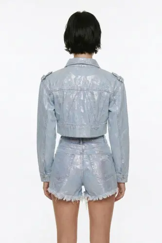 Özel Yapım Parlak Kaplamalı Glossy Jean Ceket Mavi - Mavi - 6
